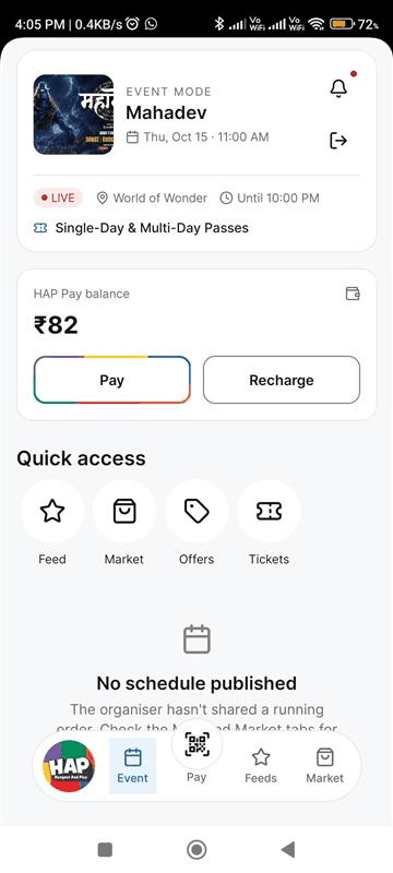 The HAP app in Event Mode for the event Mahadev: a live badge, venue and end time, a HAP Pay balance with Pay and Recharge buttons, quick access to Feed, Market, Offers and Tickets, and a tab bar with Event, Pay, Feeds and Market.